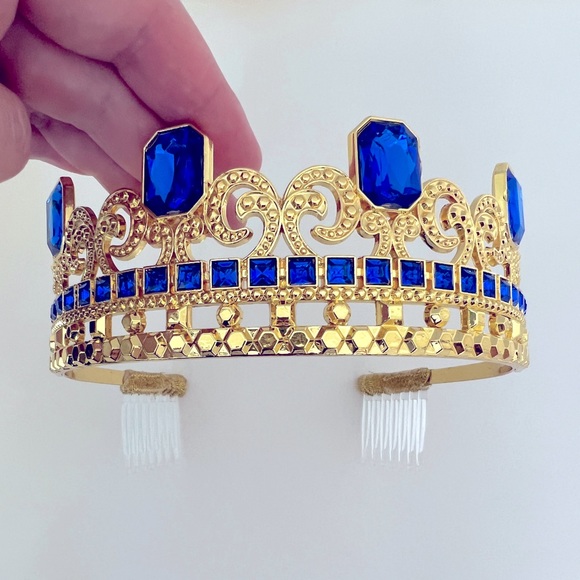 New Girls Disney Cinderella Gold Colored Tiara with Blue Jewels Metal Crown - Picture 5 of 15